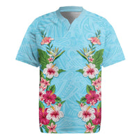 Hawaii Tropical Flowers Rugby Jersey Sky Blue Polynesian Tattoo Art LT05 Blue - Polynesian Pride