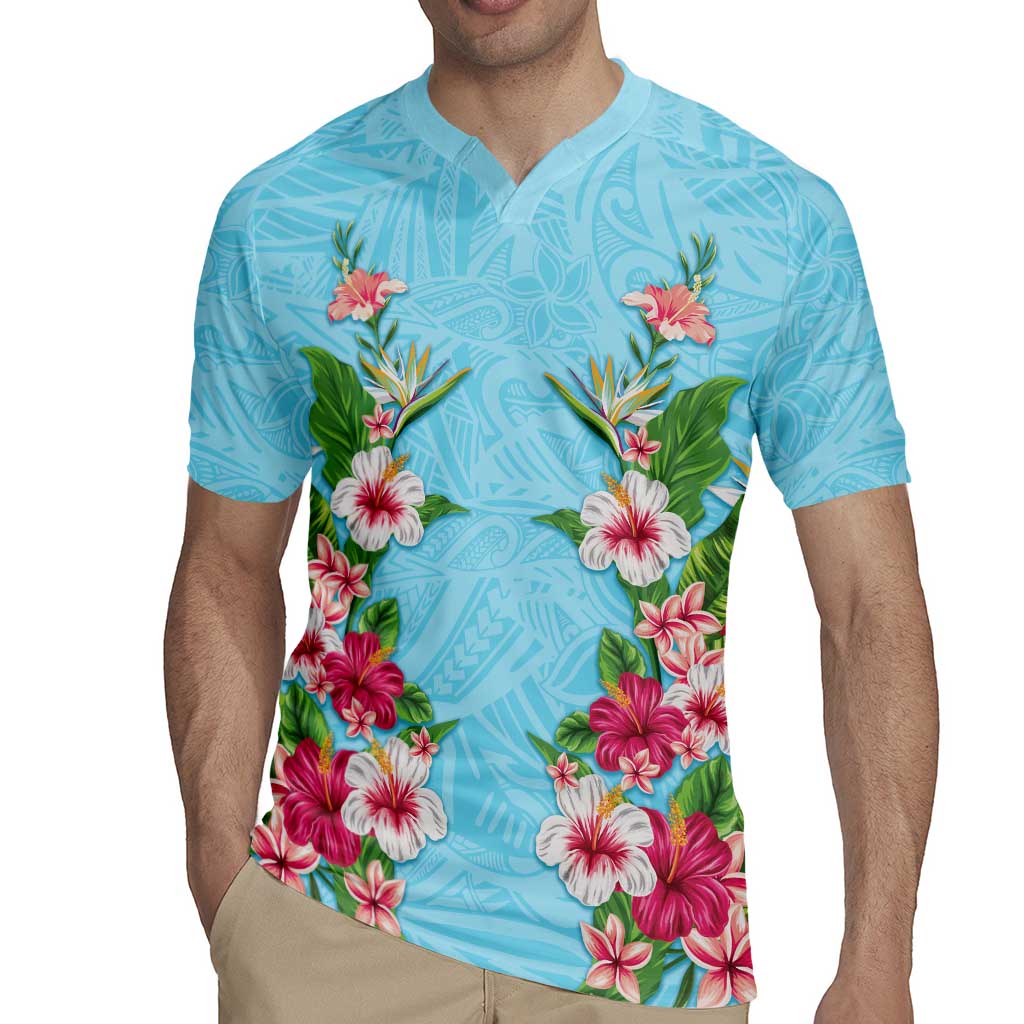 Hawaii Tropical Flowers Rugby Jersey Sky Blue Polynesian Tattoo Art LT05 - Polynesian Pride