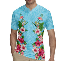 Hawaii Tropical Flowers Rugby Jersey Sky Blue Polynesian Tattoo Art LT05 - Polynesian Pride