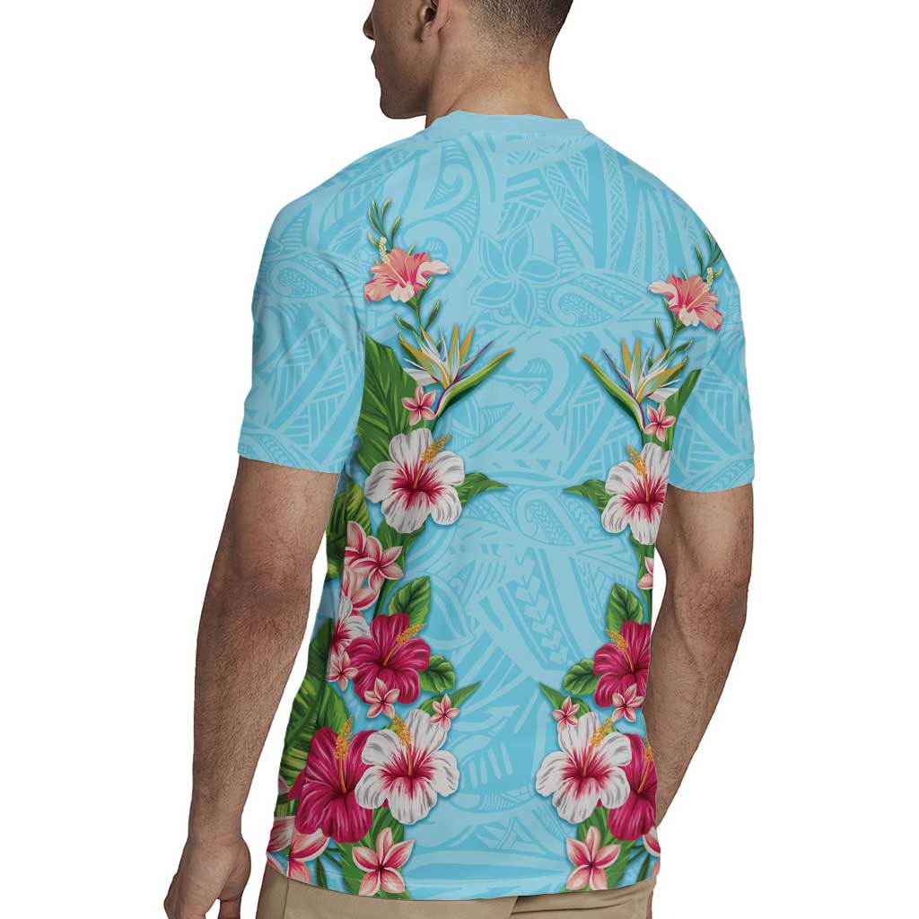 Hawaii Tropical Flowers Rugby Jersey Sky Blue Polynesian Tattoo Art LT05 - Polynesian Pride