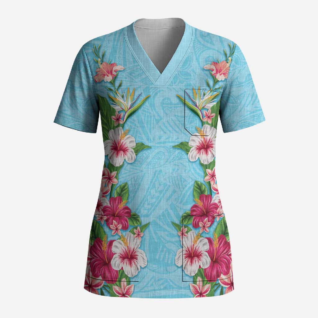 Hawaii Tropical Flowers Scrub Top Sky Blue Polynesian Tattoo Art LT05 Adult Blue - Polynesian Pride