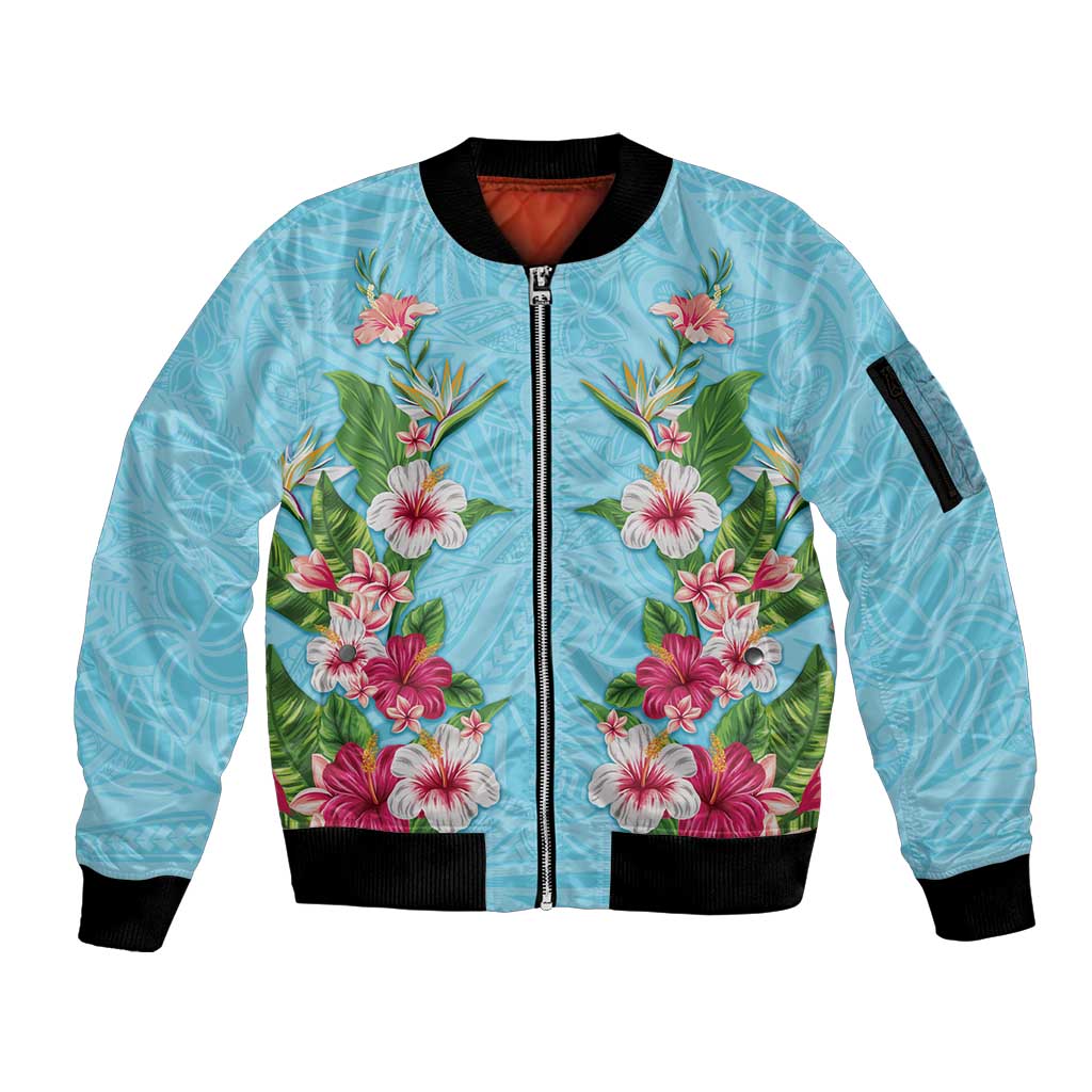Hawaii Tropical Flowers Sleeve Zip Bomber Jacket Sky Blue Polynesian Tattoo Art LT05 Unisex Blue - Polynesian Pride