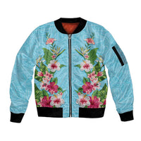 Hawaii Tropical Flowers Sleeve Zip Bomber Jacket Sky Blue Polynesian Tattoo Art LT05 Unisex Blue - Polynesian Pride
