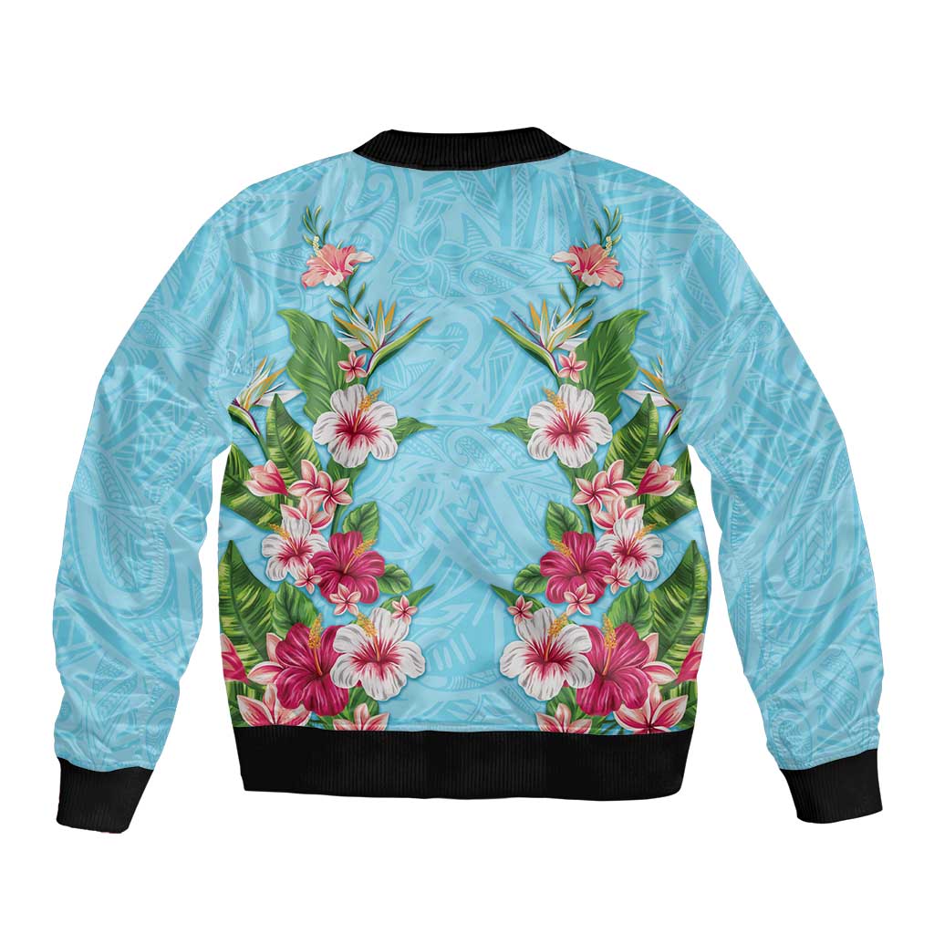 Hawaii Tropical Flowers Sleeve Zip Bomber Jacket Sky Blue Polynesian Tattoo Art LT05 - Polynesian Pride