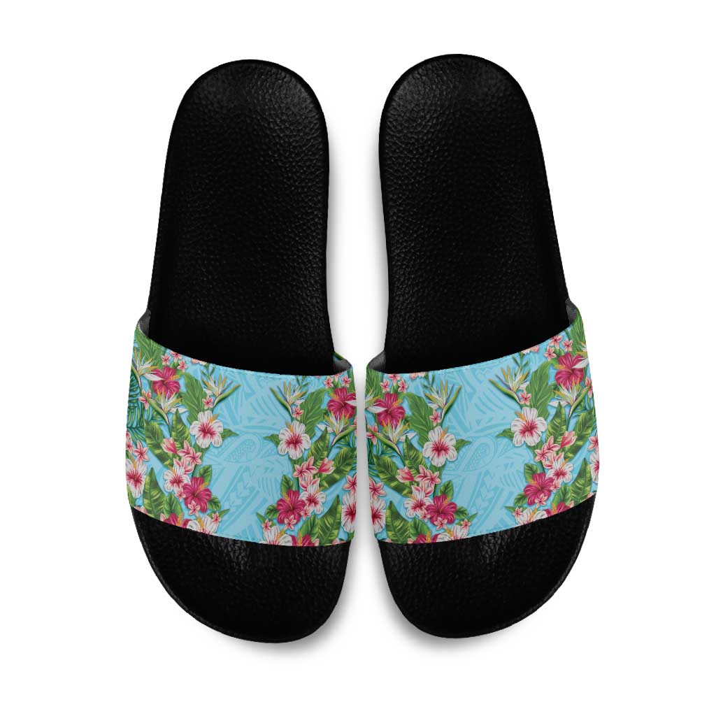 Hawaii Tropical Flowers Slide Sandals Sky Blue Polynesian Tattoo Art LT05 Blue - Polynesian Pride