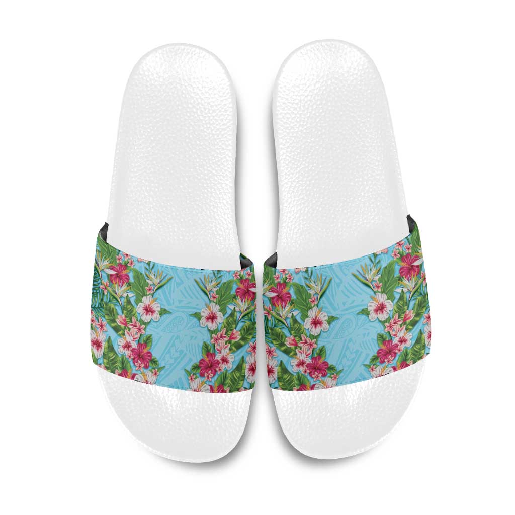 Hawaii Tropical Flowers Slide Sandals Sky Blue Polynesian Tattoo Art LT05 Blue - Polynesian Pride