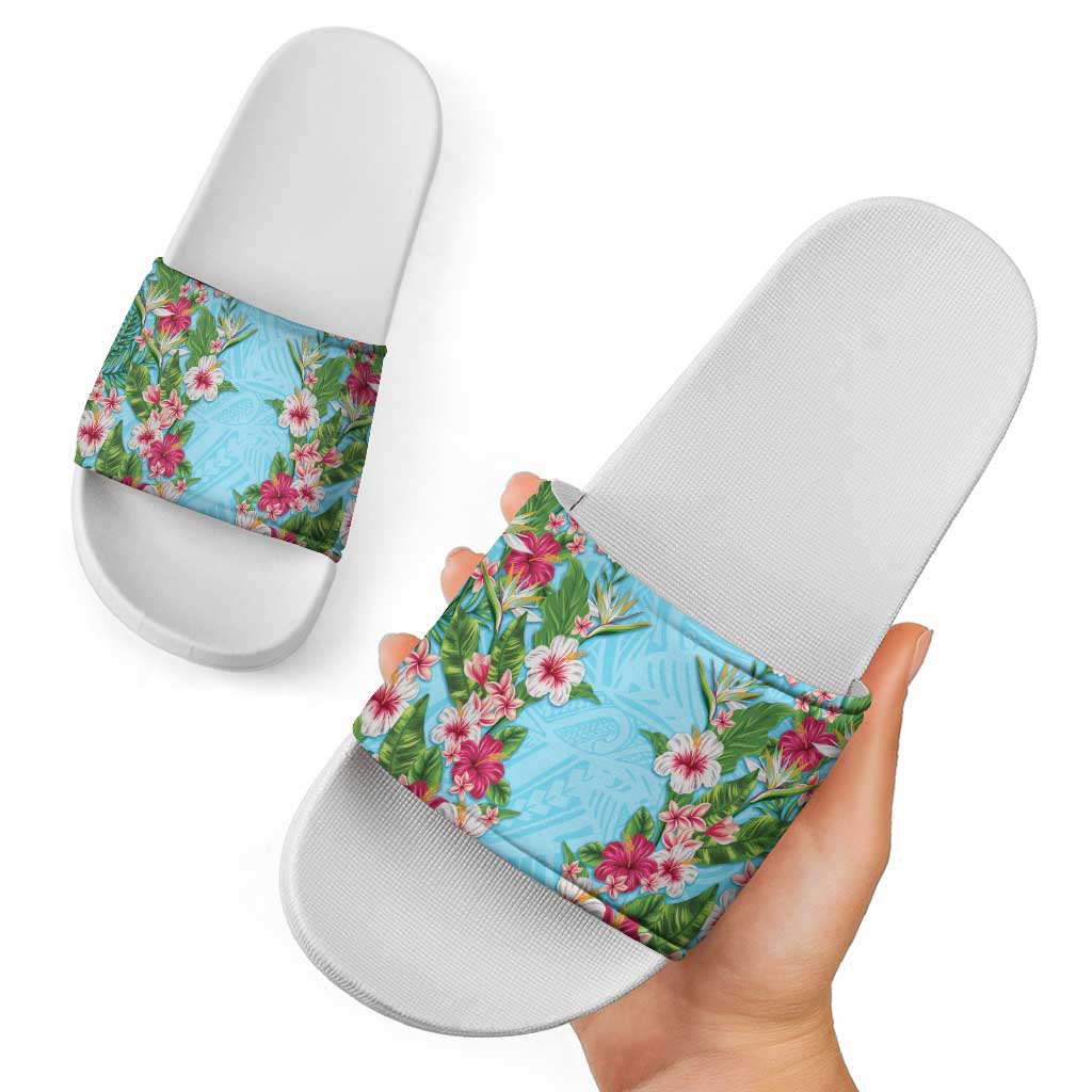 Hawaii Tropical Flowers Slide Sandals Sky Blue Polynesian Tattoo Art LT05 - Polynesian Pride