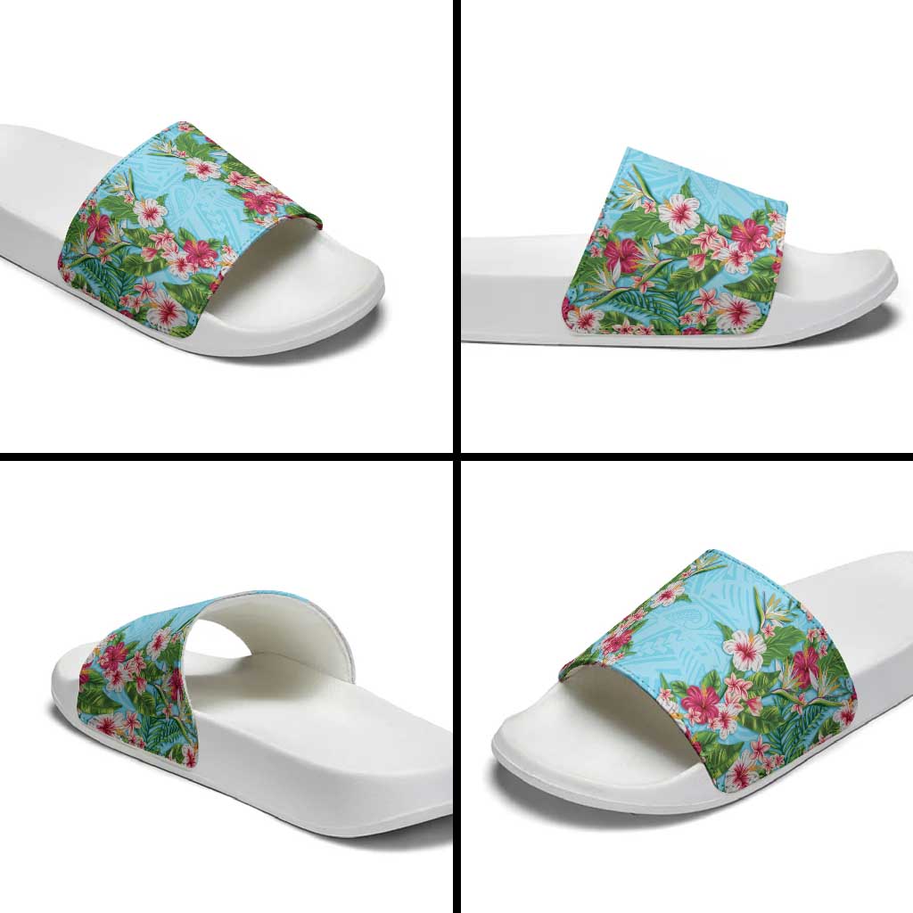 Hawaii Tropical Flowers Slide Sandals Sky Blue Polynesian Tattoo Art LT05 - Polynesian Pride