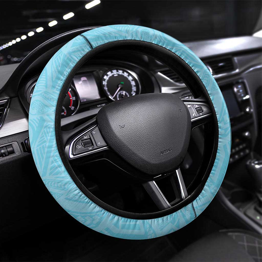 Hawaii Tropical Flowers Steering Wheel Cover Sky Blue Polynesian Tattoo Art LT05 Universal Fit Blue - Polynesian Pride