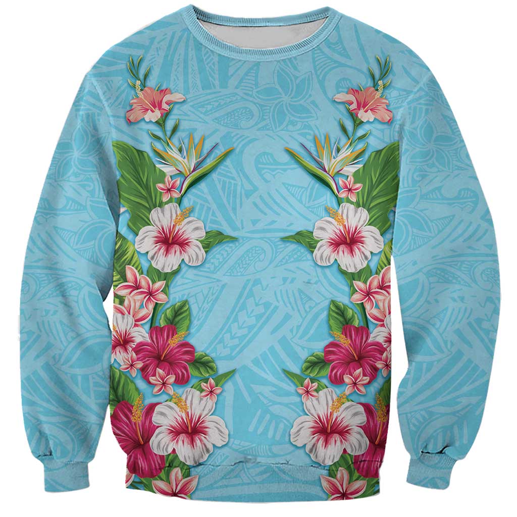 Hawaii Tropical Flowers Sweatshirt Sky Blue Polynesian Tattoo Art LT05 Unisex Blue - Polynesian Pride