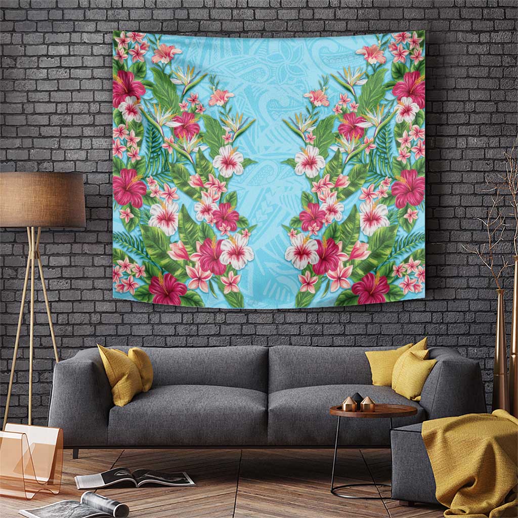 Hawaii Tropical Flowers Tapestry Sky Blue Polynesian Tattoo Art LT05 Blue - Polynesian Pride