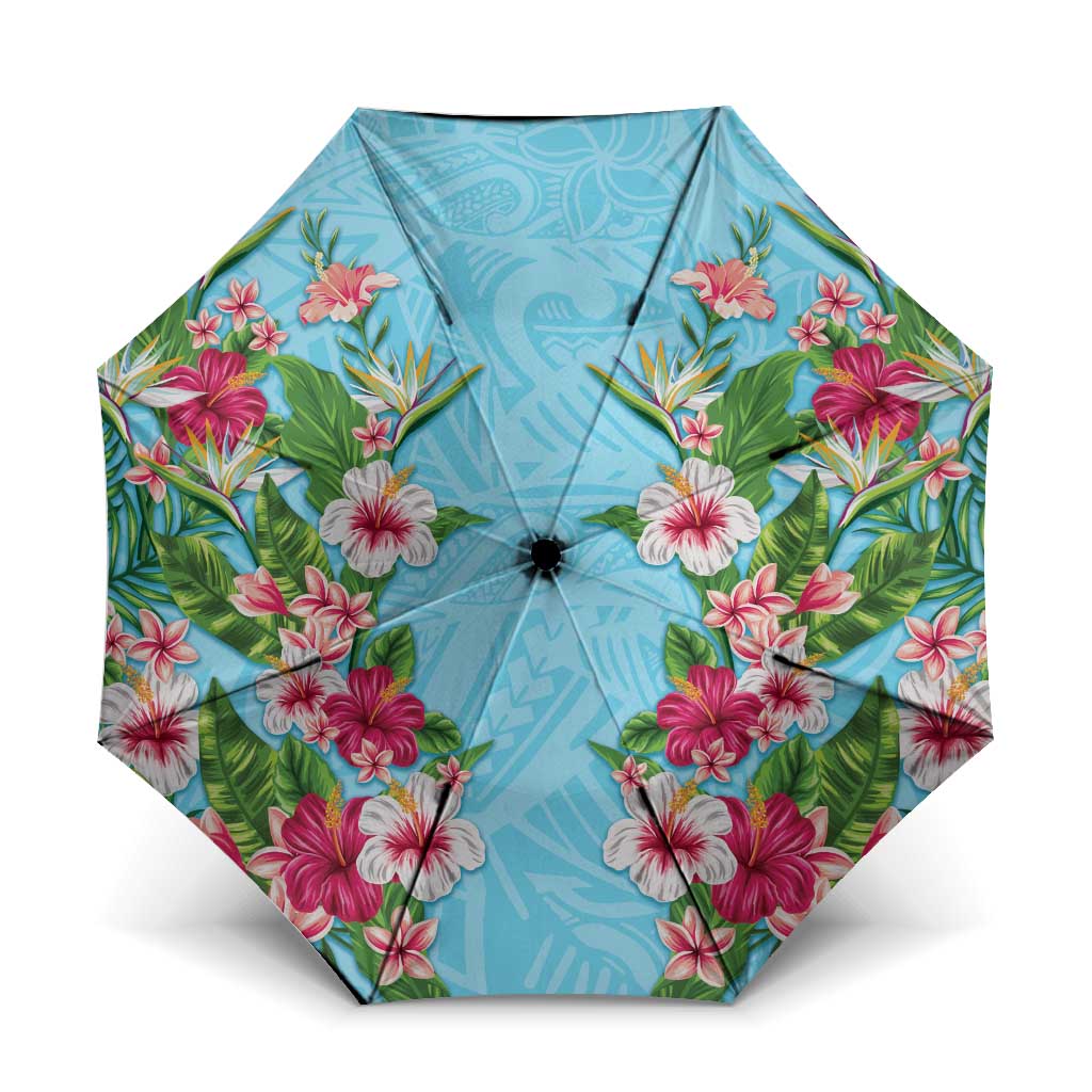 Hawaii Tropical Flowers Umbrella Sky Blue Polynesian Tattoo Art LT05 One Size Folded 11.42 inch Opened Diameter 37.4 inch Blue - Polynesian Pride