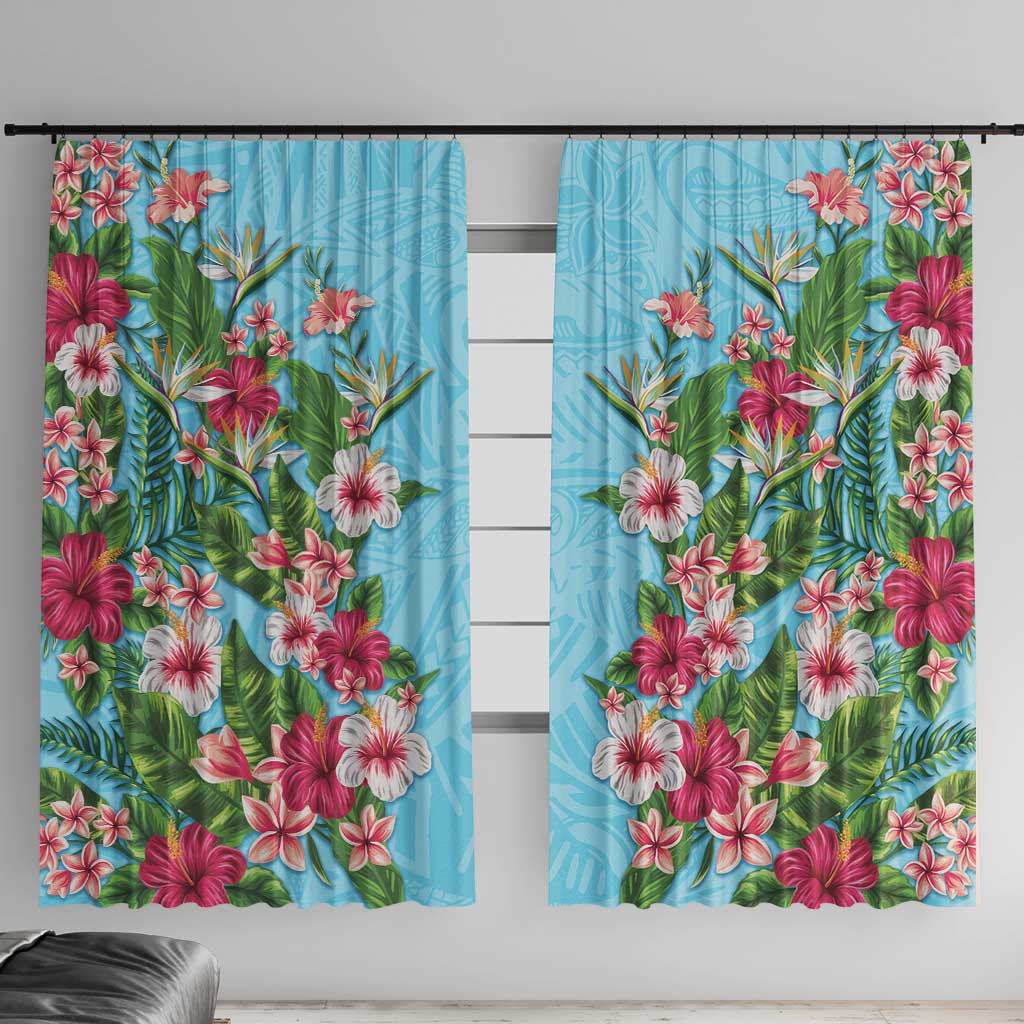 Hawaii Tropical Flowers Window Curtain Sky Blue Polynesian Tattoo Art LT05 With Hooks Blue - Polynesian Pride