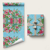 Hawaii Tropical Flowers Wrapping Paper Sky Blue Polynesian Tattoo Art LT05 58" × 23" Blue - Polynesian Pride