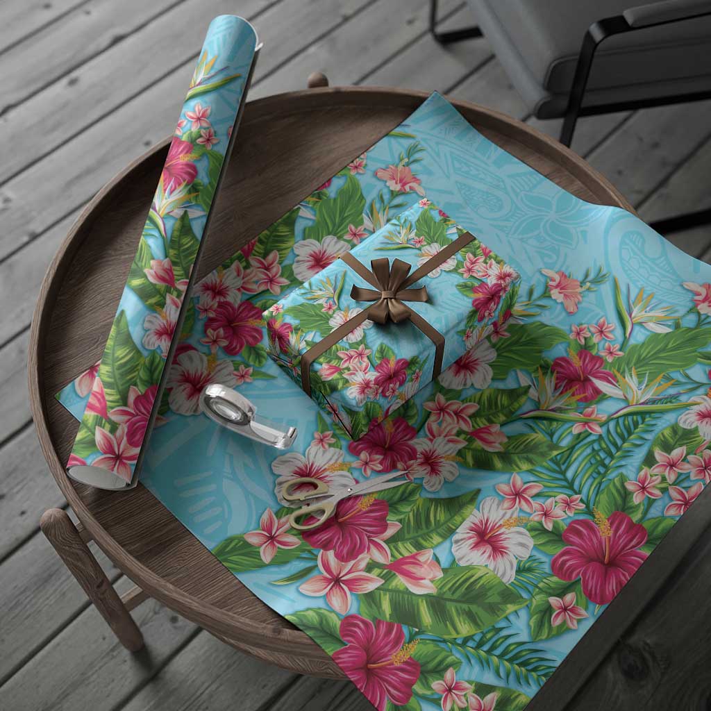 Hawaii Tropical Flowers Wrapping Paper Sky Blue Polynesian Tattoo Art LT05 - Polynesian Pride