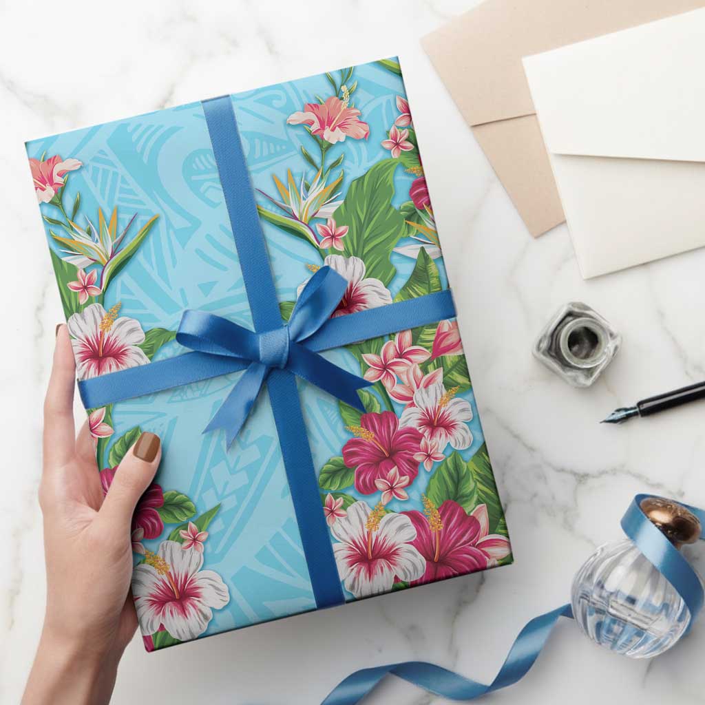 Hawaii Tropical Flowers Wrapping Paper Sky Blue Polynesian Tattoo Art LT05 - Polynesian Pride