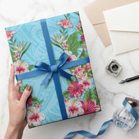 Hawaii Tropical Flowers Wrapping Paper Sky Blue Polynesian Tattoo Art LT05 - Polynesian Pride