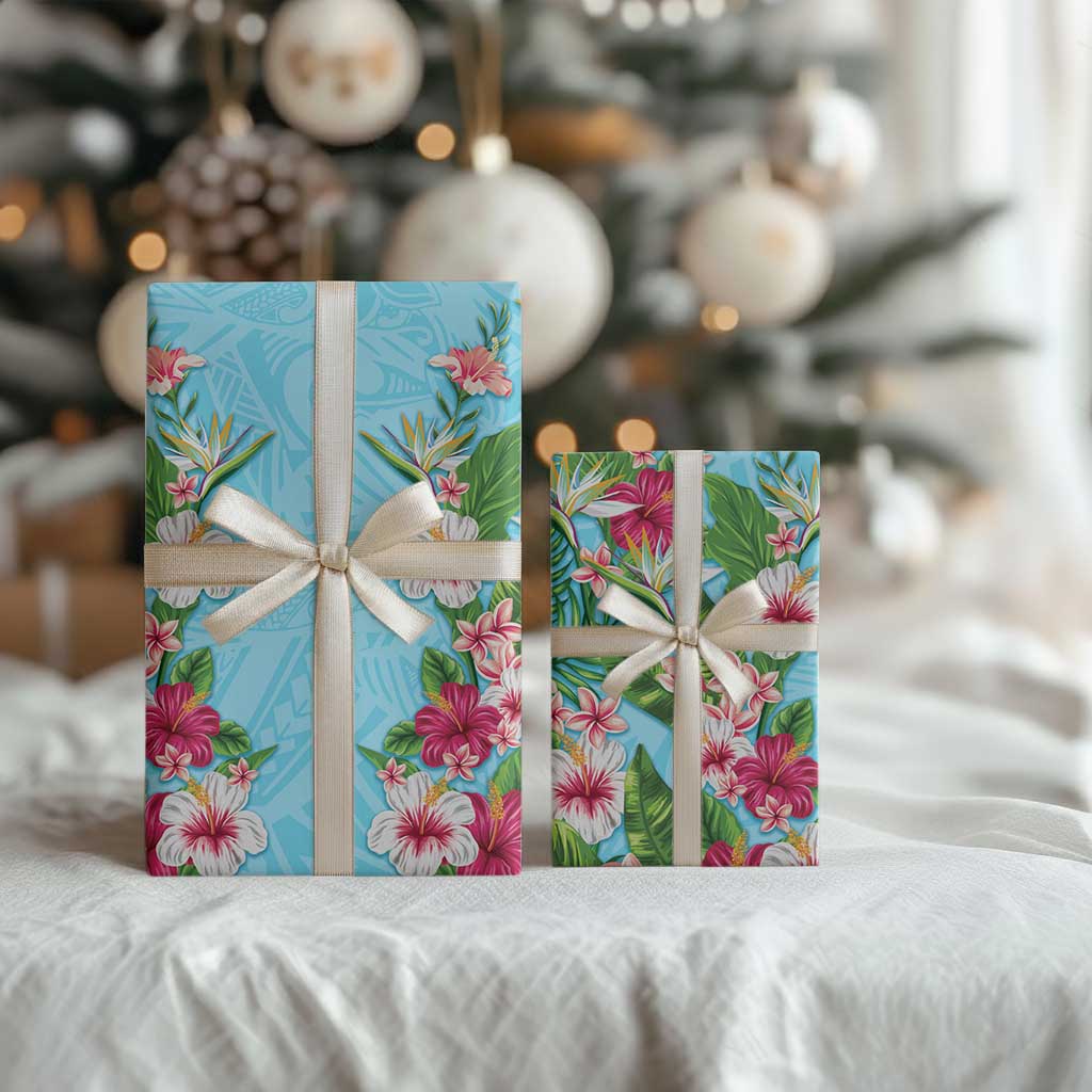 Hawaii Tropical Flowers Wrapping Paper Sky Blue Polynesian Tattoo Art LT05 - Polynesian Pride