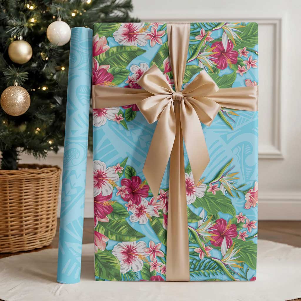 Hawaii Tropical Flowers Wrapping Paper Sky Blue Polynesian Tattoo Art LT05 - Polynesian Pride