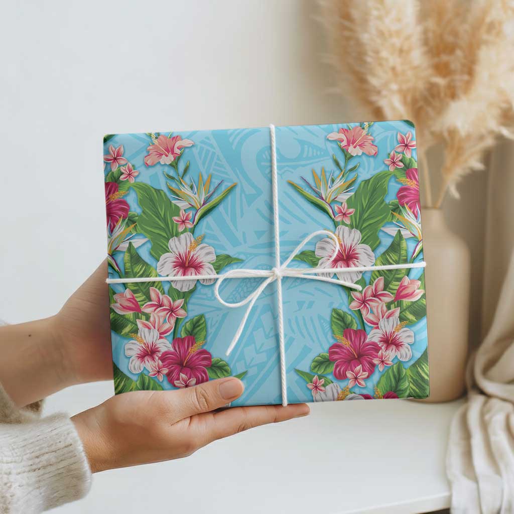 Hawaii Tropical Flowers Wrapping Paper Sky Blue Polynesian Tattoo Art LT05 - Polynesian Pride