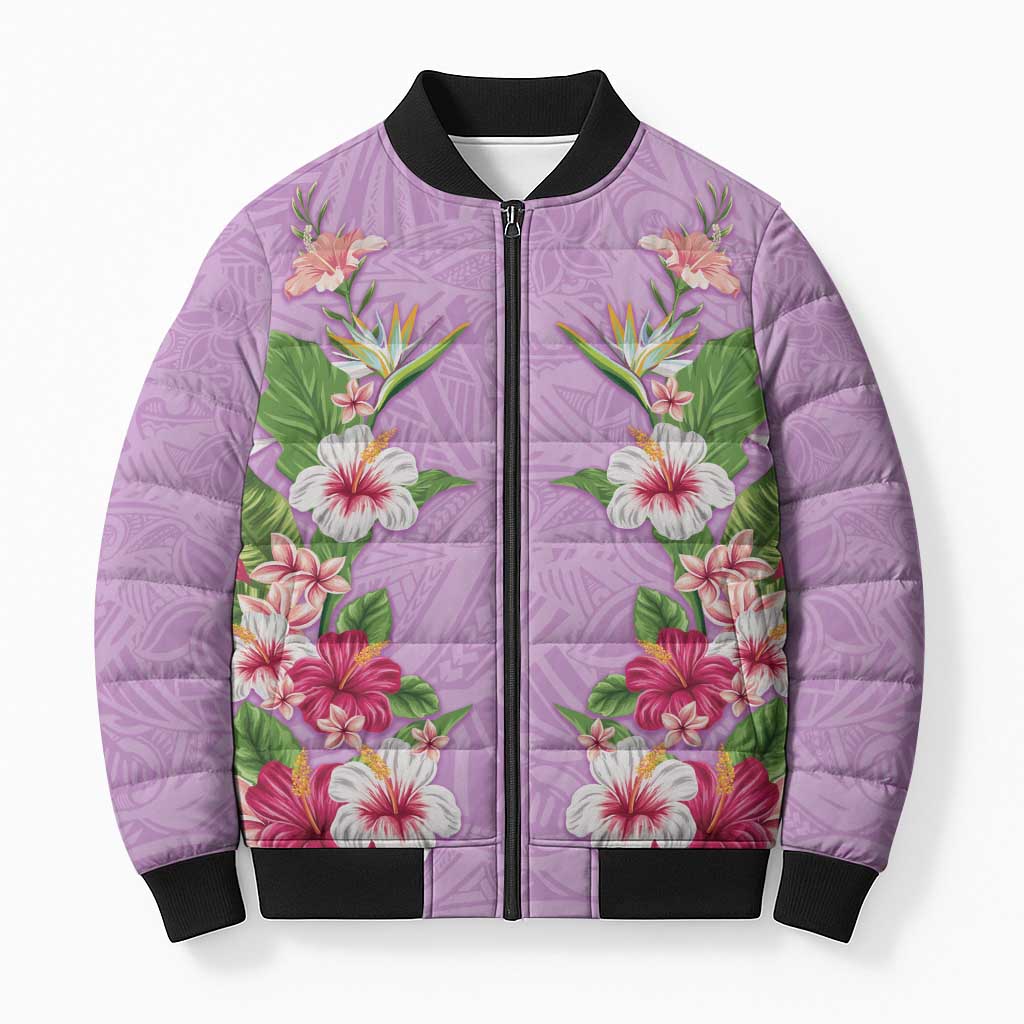 Hawaii Tropical Flowers Bomber Puffer Jacket Lavender Polynesian Tattoo Art LT05 Unisex Lavender - Polynesian Pride