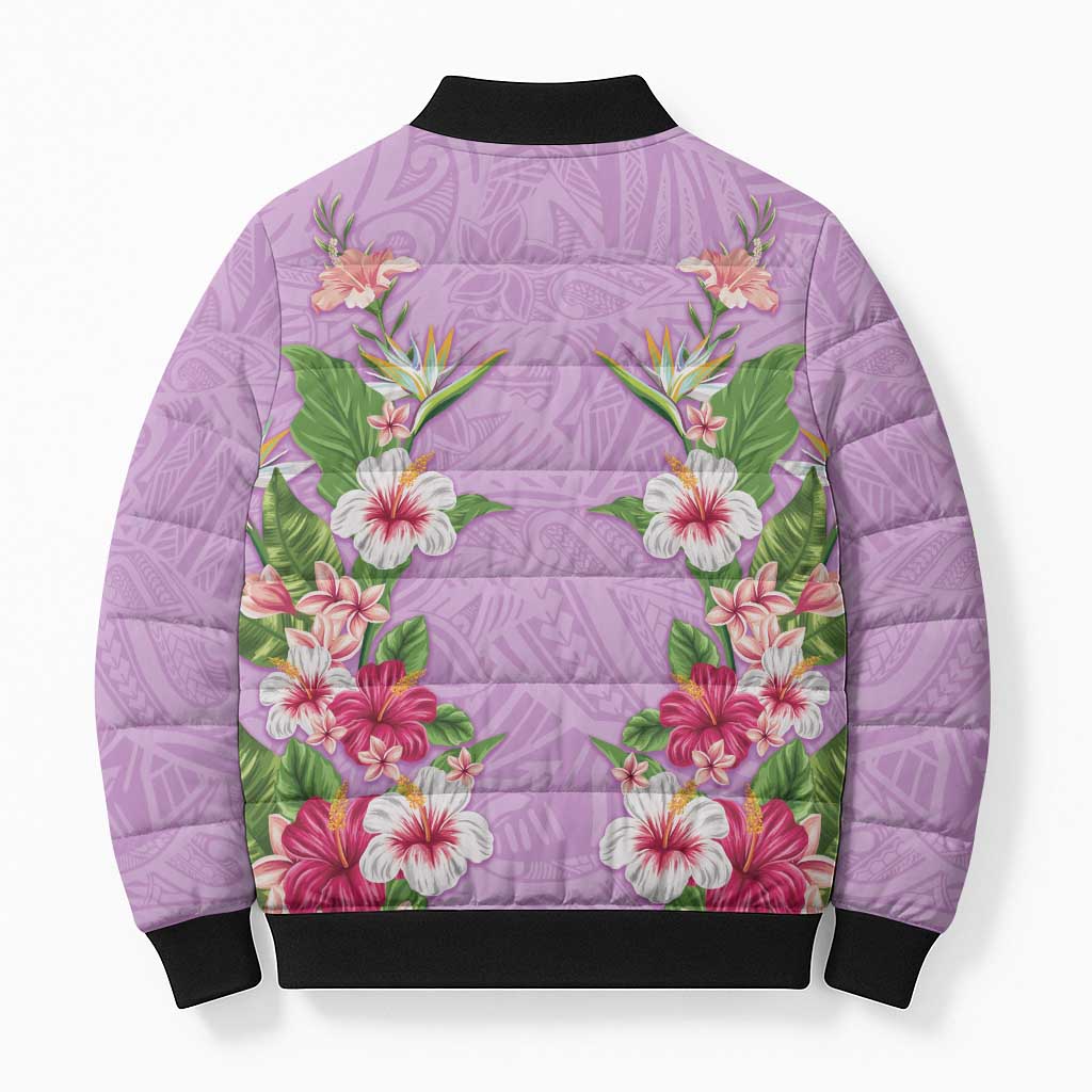 Hawaii Tropical Flowers Bomber Puffer Jacket Lavender Polynesian Tattoo Art LT05 - Polynesian Pride