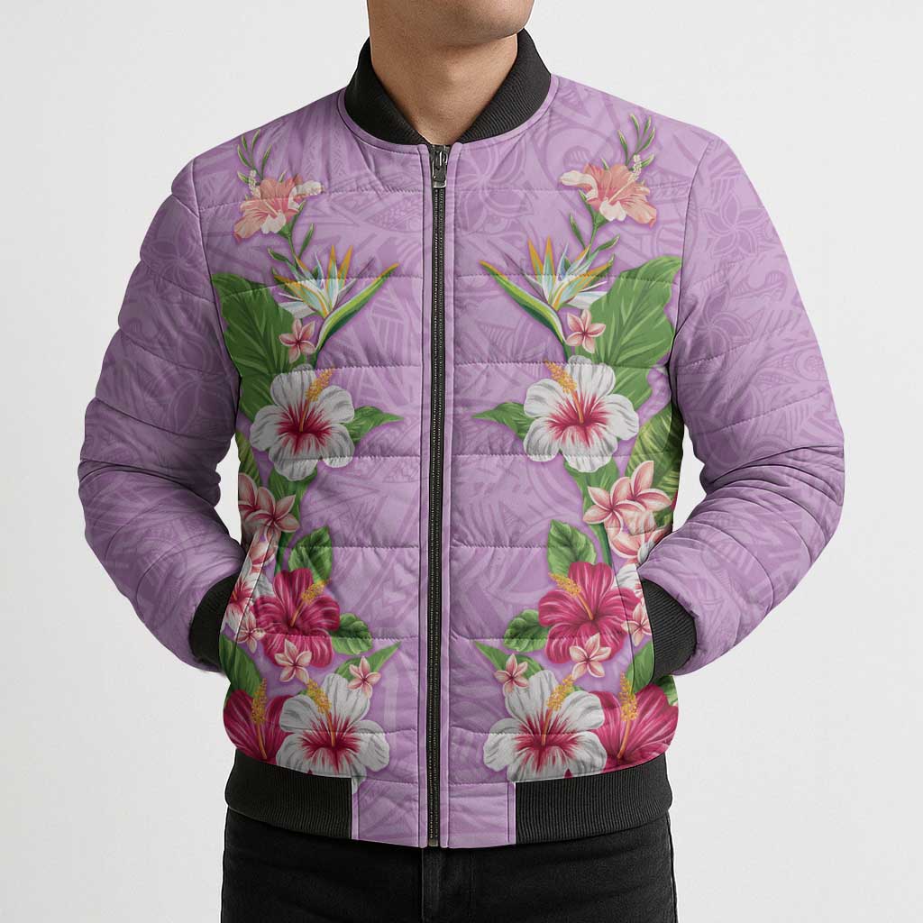 Hawaii Tropical Flowers Bomber Puffer Jacket Lavender Polynesian Tattoo Art LT05 - Polynesian Pride