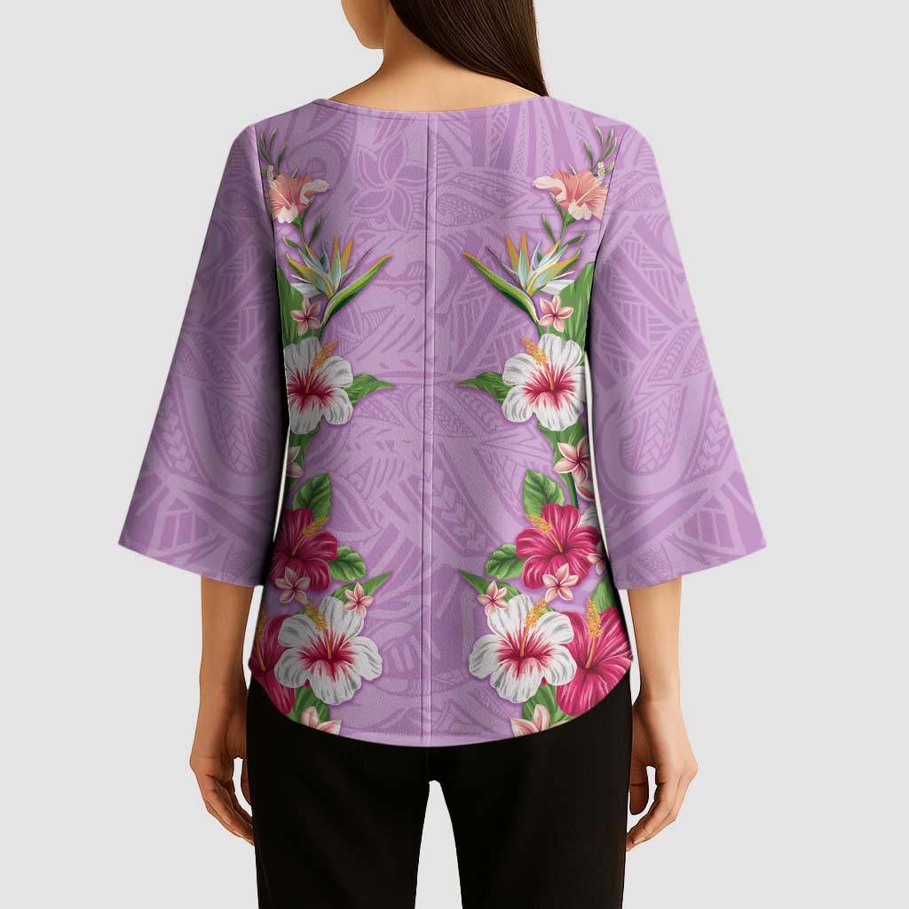Hawaii Tropical Flowers Kimono Sleeve Blouse Lavender Polynesian Tattoo Art LT05 - Polynesian Pride