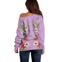 Hawaii Tropical Flowers Off Shoulder Sweater Lavender Polynesian Tattoo Art LT05 - Polynesian Pride