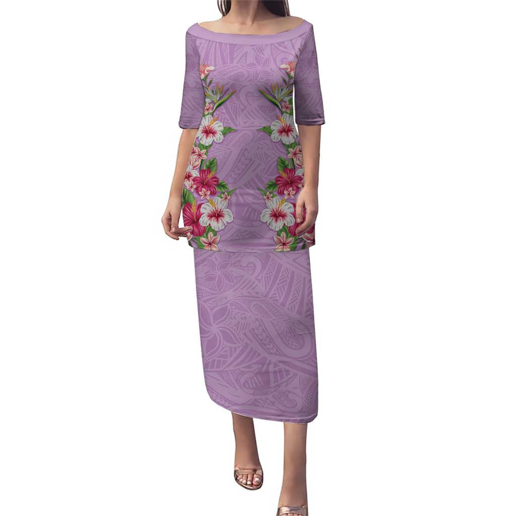 Hawaii Tropical Flowers Puletasi Lavender Polynesian Tattoo Art LT05 Long Dress Lavender - Polynesian Pride