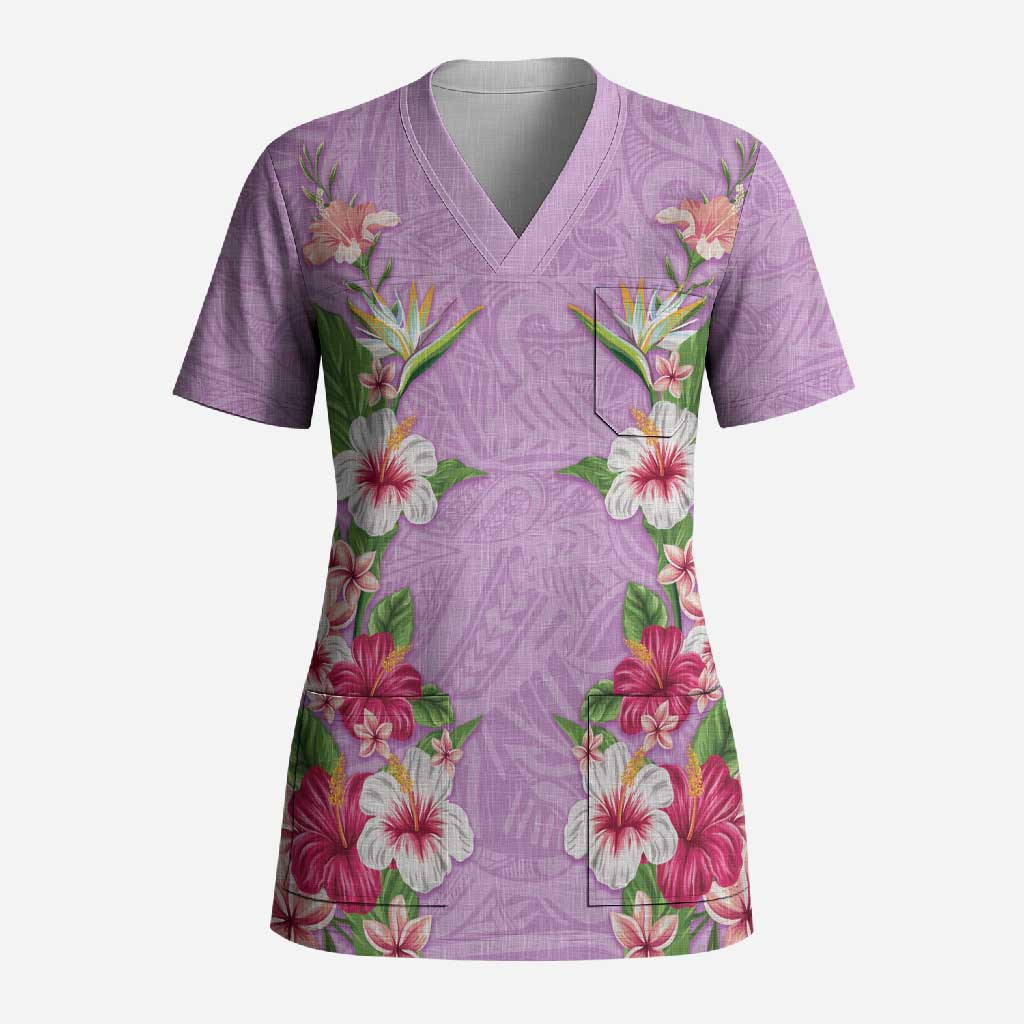 Hawaii Tropical Flowers Scrub Top Lavender Polynesian Tattoo Art LT05 Adult Lavender - Polynesian Pride
