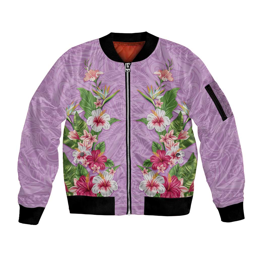 Hawaii Tropical Flowers Sleeve Zip Bomber Jacket Lavender Polynesian Tattoo Art LT05 Unisex Lavender - Polynesian Pride