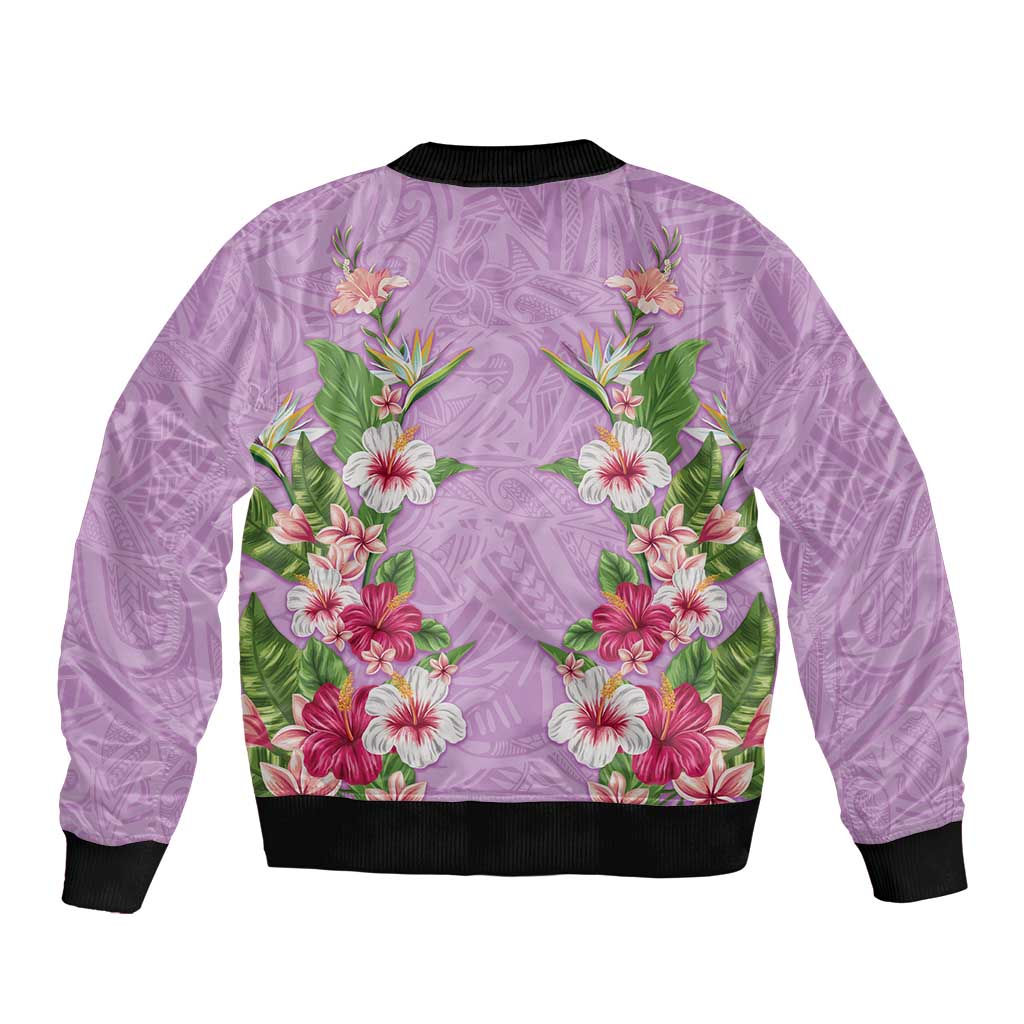 Hawaii Tropical Flowers Sleeve Zip Bomber Jacket Lavender Polynesian Tattoo Art LT05 - Polynesian Pride