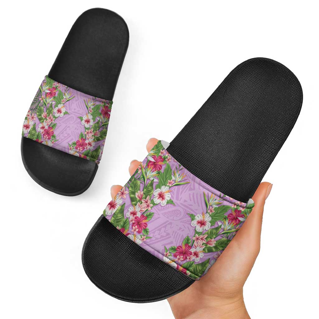 Hawaii Tropical Flowers Slide Sandals Lavender Polynesian Tattoo Art LT05 - Polynesian Pride