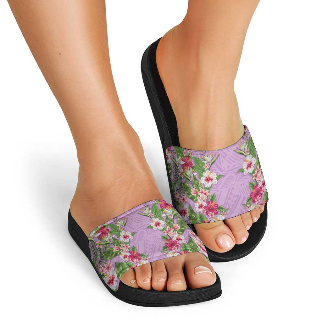 Hawaii Tropical Flowers Slide Sandals Lavender Polynesian Tattoo Art LT05 - Polynesian Pride
