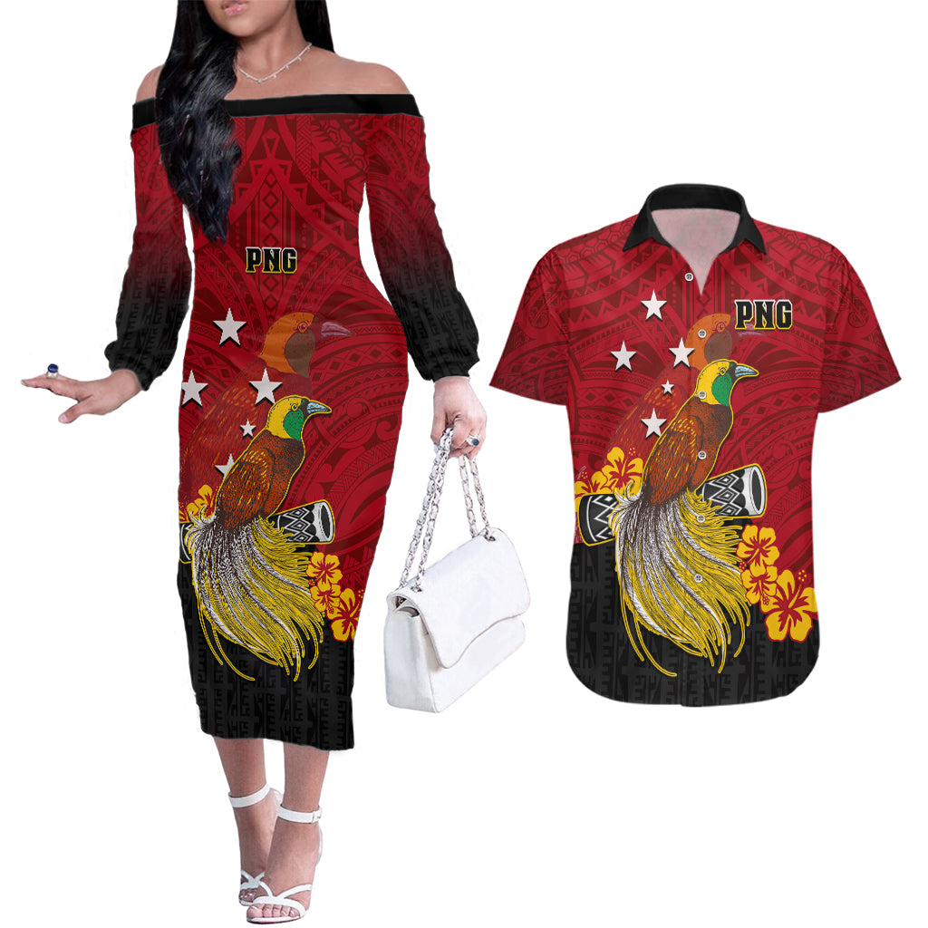 Personalized Papua New Guinea Couples Matching Off The Shoulder Long Sleeve Dress and Hawaiian Shirt Bird Of Paradise Hibiscus With Motuan Pattern LT05 Red - Polynesian Pride