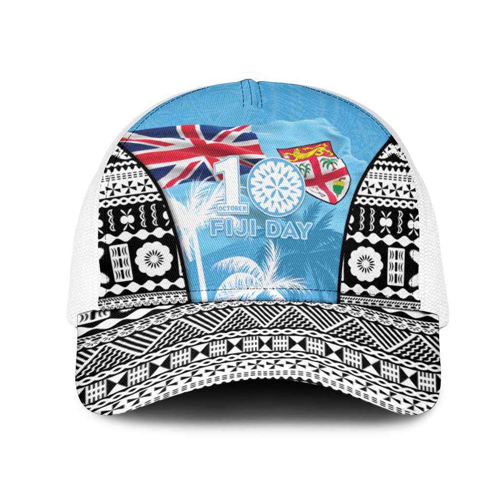 Fiji Day 2026 Mesh Trucker Cap Masi Tapa Pattern With Palm Tree LT05 One Size White Blue - Polynesian Pride