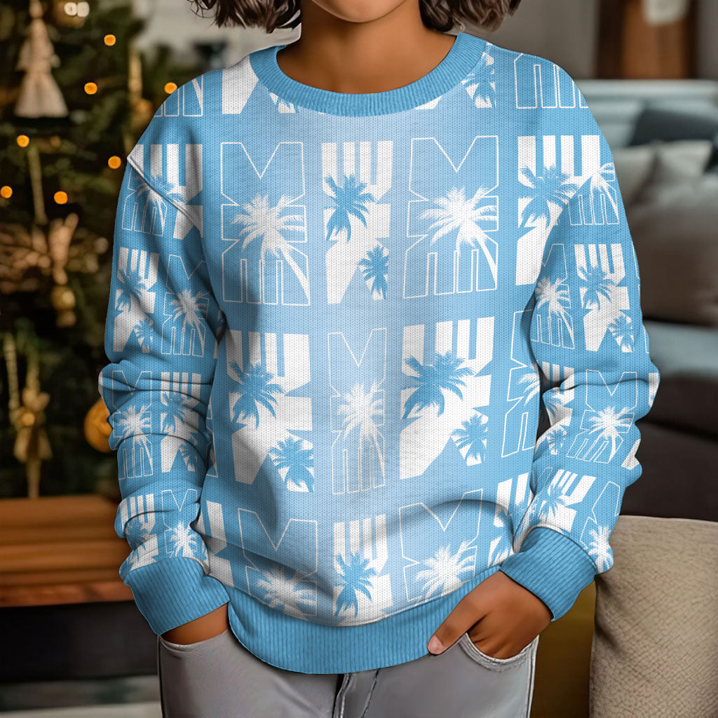 Bula Fiji Kid Ugly Christmas Sweater Blue Makare Masi Tapa Pattern