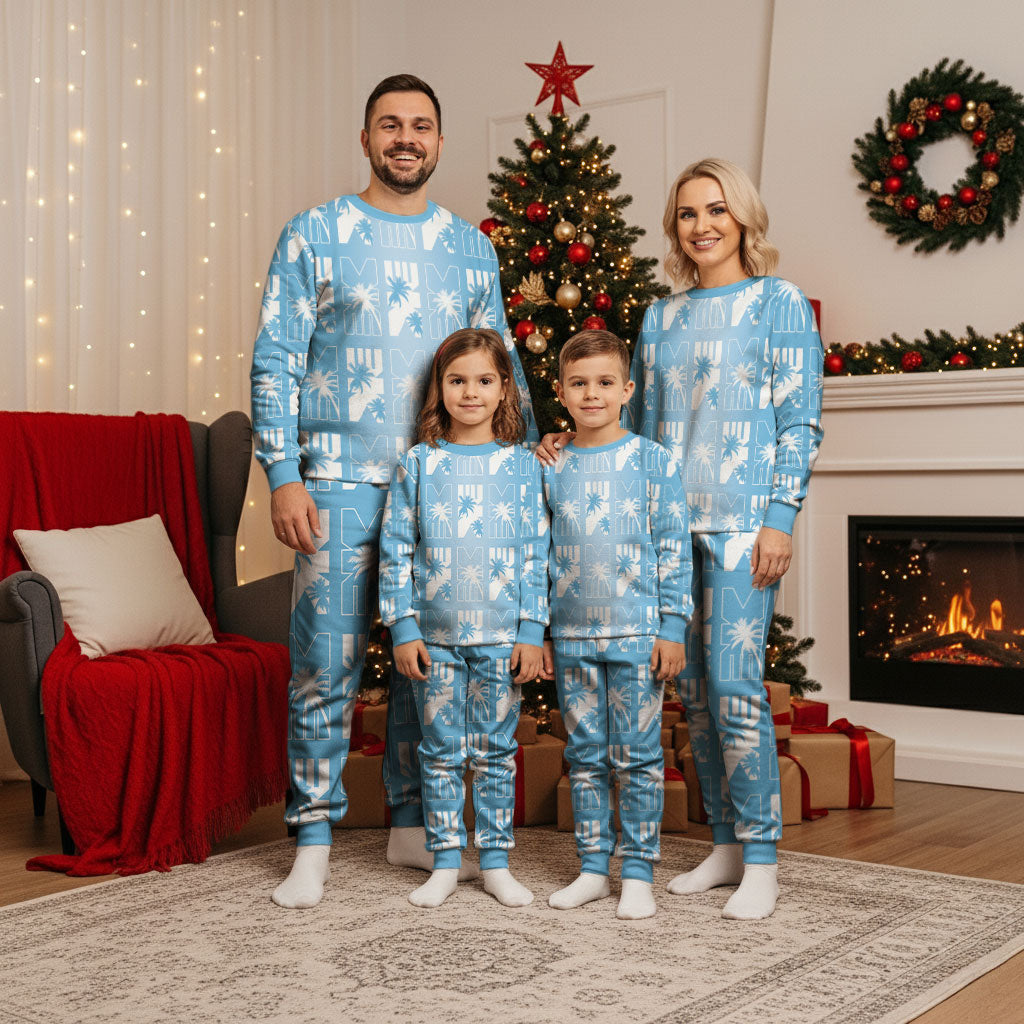 Bula Fiji Christmas Pajama Set Blue Makare Masi Tapa Pattern