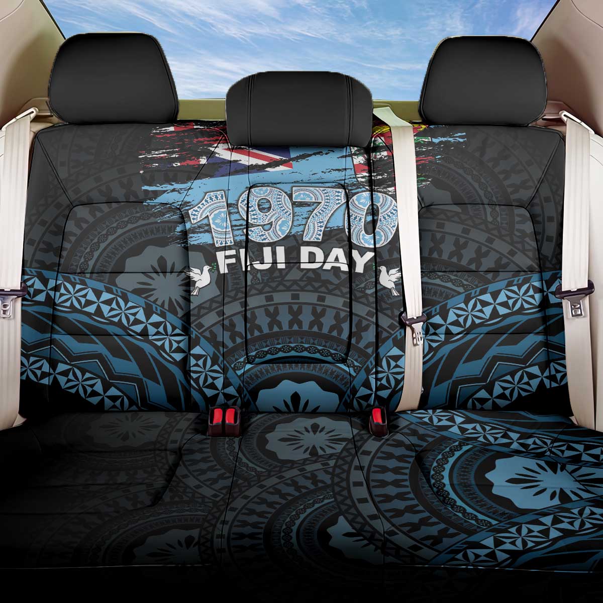 Happy Fiji Day 1970 Back Car Seat Cover Flag Grunge Style LT05 One Size Black - Polynesian Pride
