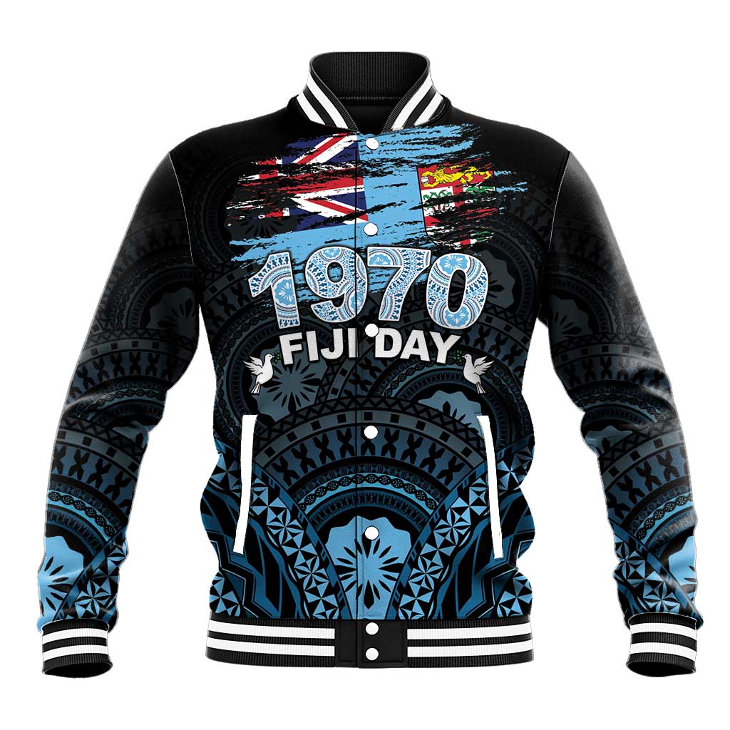 Personalised Happy Fiji Day 1970 Baseball Jacket Flag Grunge Style LT05 Unisex Black - Polynesian Pride