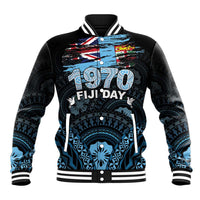 Personalised Happy Fiji Day 1970 Baseball Jacket Flag Grunge Style LT05 Unisex Black - Polynesian Pride