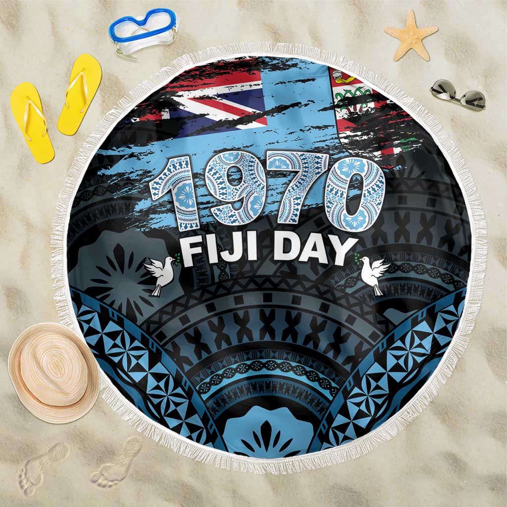 Happy Fiji Day 1970 Beach Blanket Flag Grunge Style LT05 One Size 150cm Black - Polynesian Pride