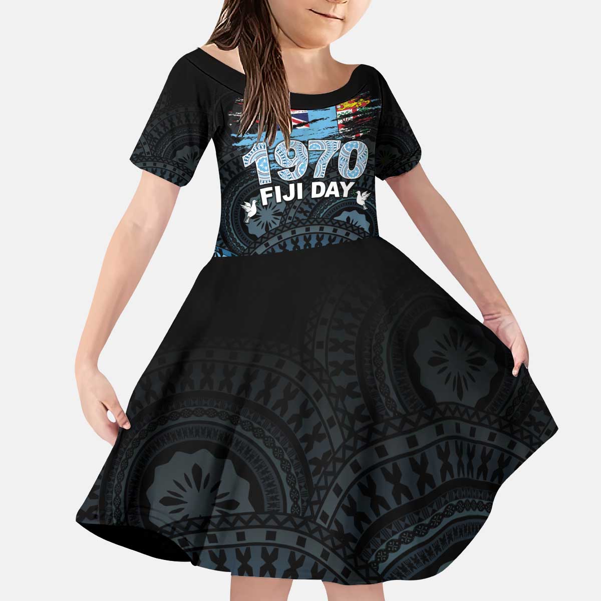 Personalised Happy Fiji Day 1970 Kid Short Sleeve Dress Flag Grunge Style LT05 KID Black - Polynesian Pride