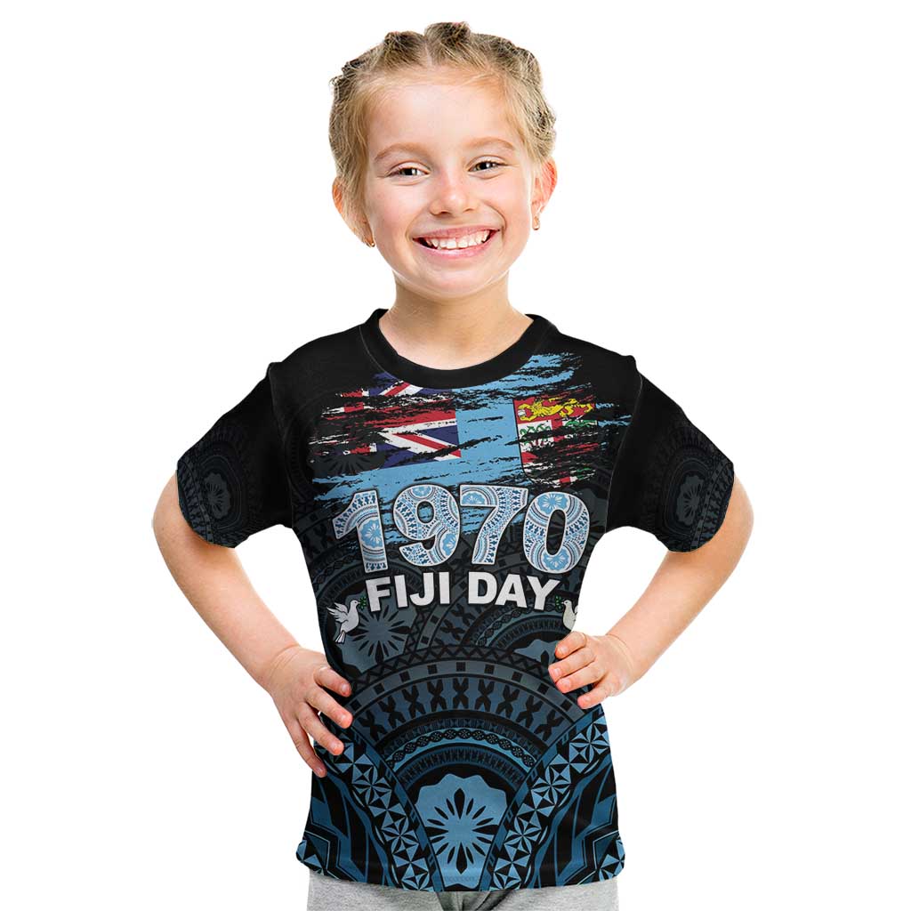 Personalised Happy Fiji Day 1970 Kid T Shirt Flag Grunge Style LT05 Black - Polynesian Pride