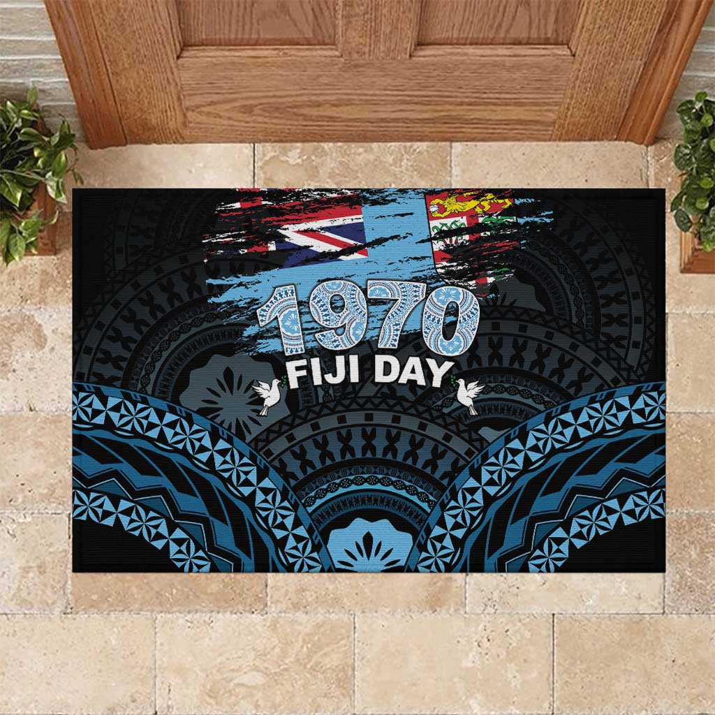 Happy Fiji Day 1970 Rubber Doormat Flag Grunge Style LT05 Black - Polynesian Pride