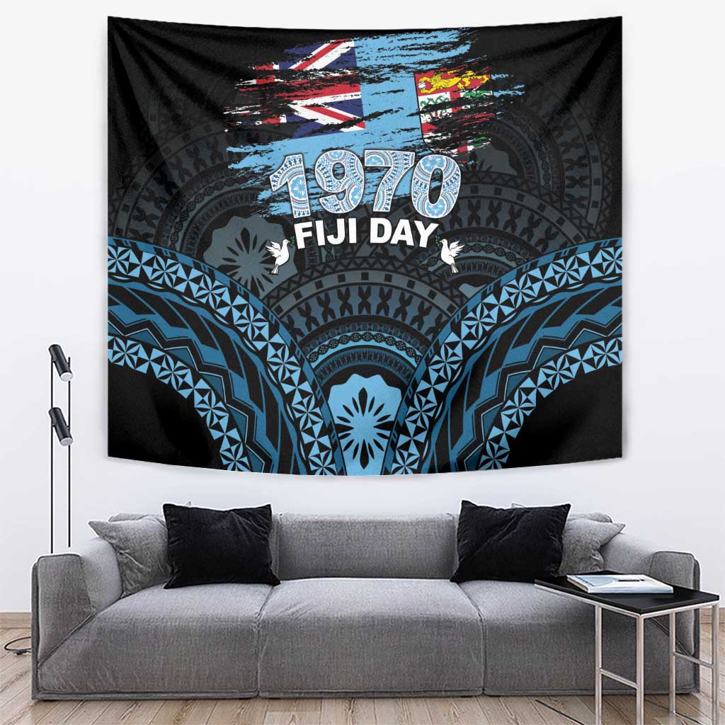 Happy Fiji Day 1970 Tapestry Flag Grunge Style LT05 Black - Polynesian Pride