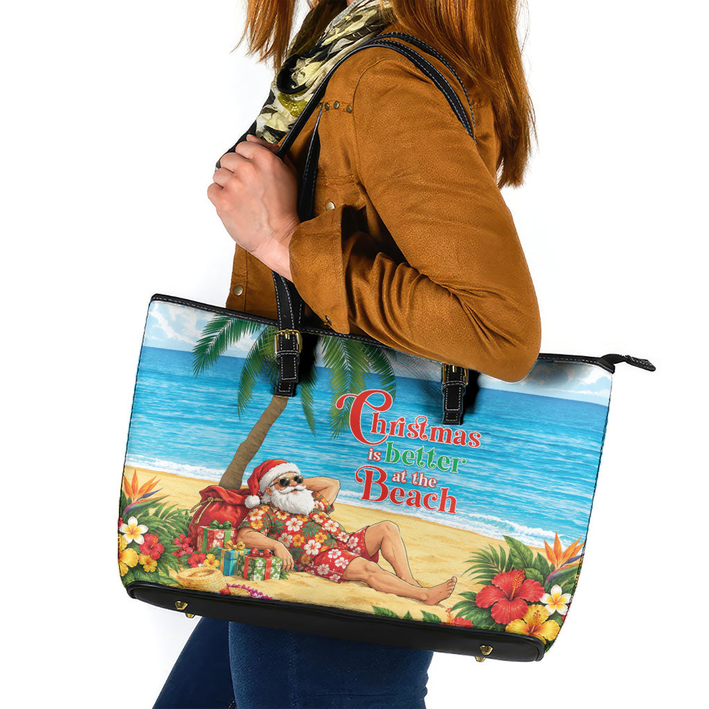 Hawaii Jolly Christmas Leather Tote Bag Xmas Is Better At The Beach LT05 Blue - Polynesian Pride