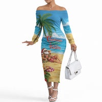 Hawaii Jolly Christmas Off The Shoulder Long Sleeve Dress Xmas Is Better At The Beach LT05 Women Blue - Polynesian Pride