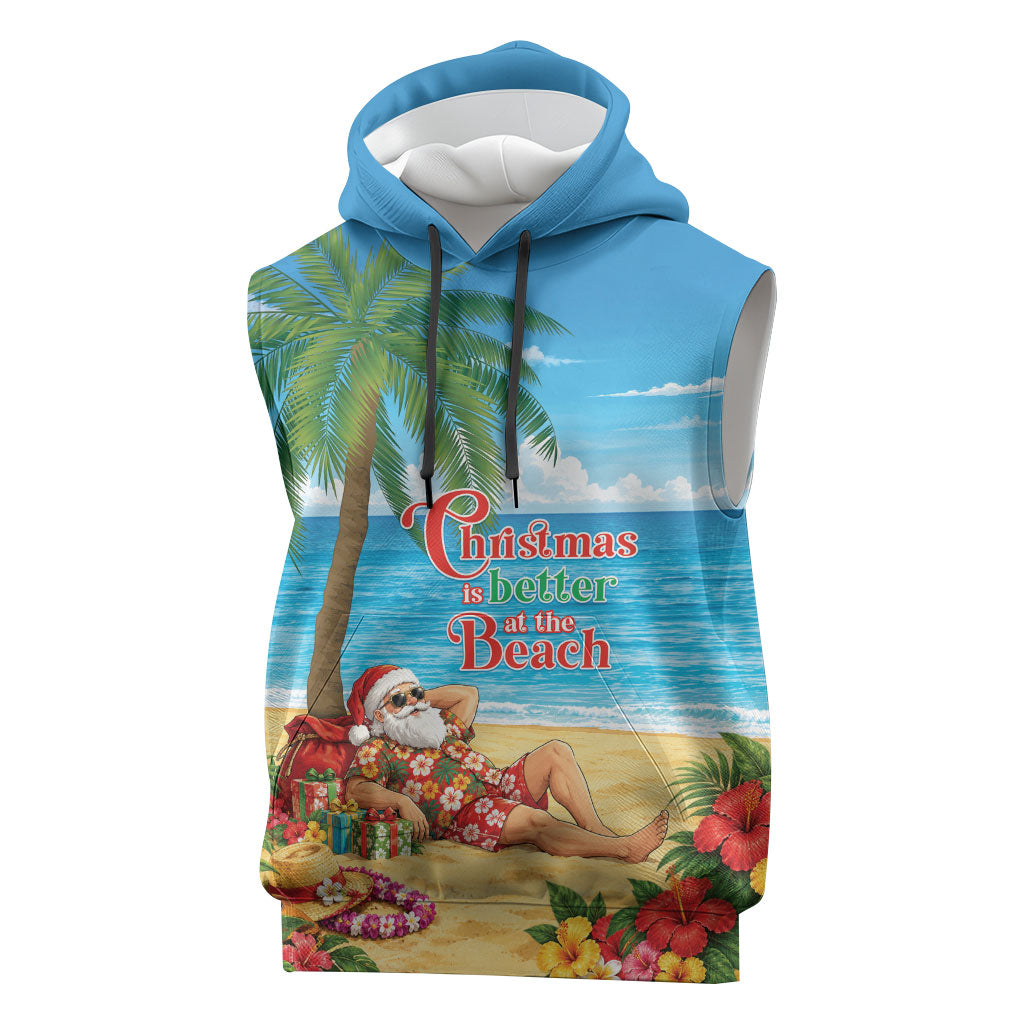 Hawaii Jolly Christmas Sleeveless Hoodie Xmas Is Better At The Beach LT05 Blue - Polynesian Pride